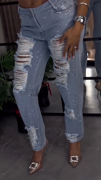 Hot Diamond Scratch Mark Hollow Skinny Jeans
