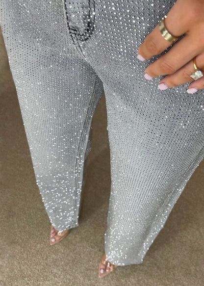High Waisted Diamanté Straight Leg Grey Jeans