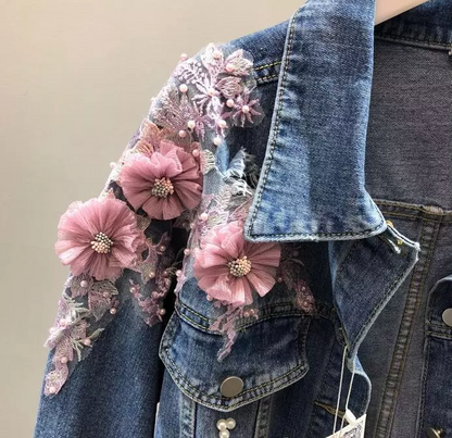 Womens Beads Flower Denim Jacket Fashion Lapel Collar Jeans Casual Outwear Coat