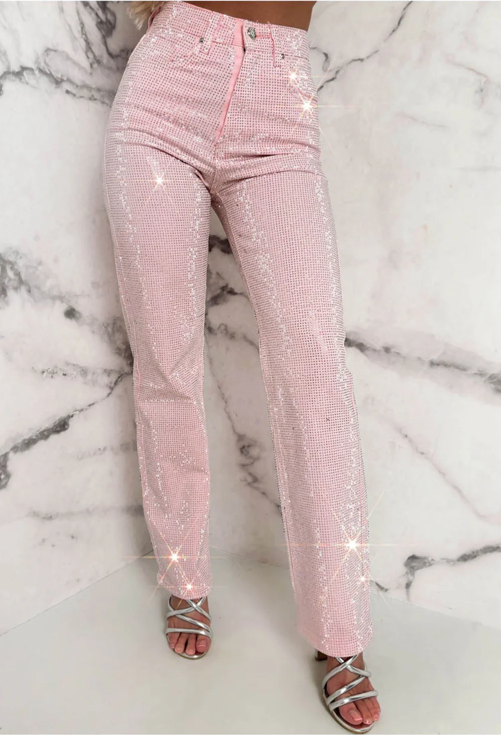 Ultimate Sparkle Pink Straight Leg Stretch Diamante Jeans And Top