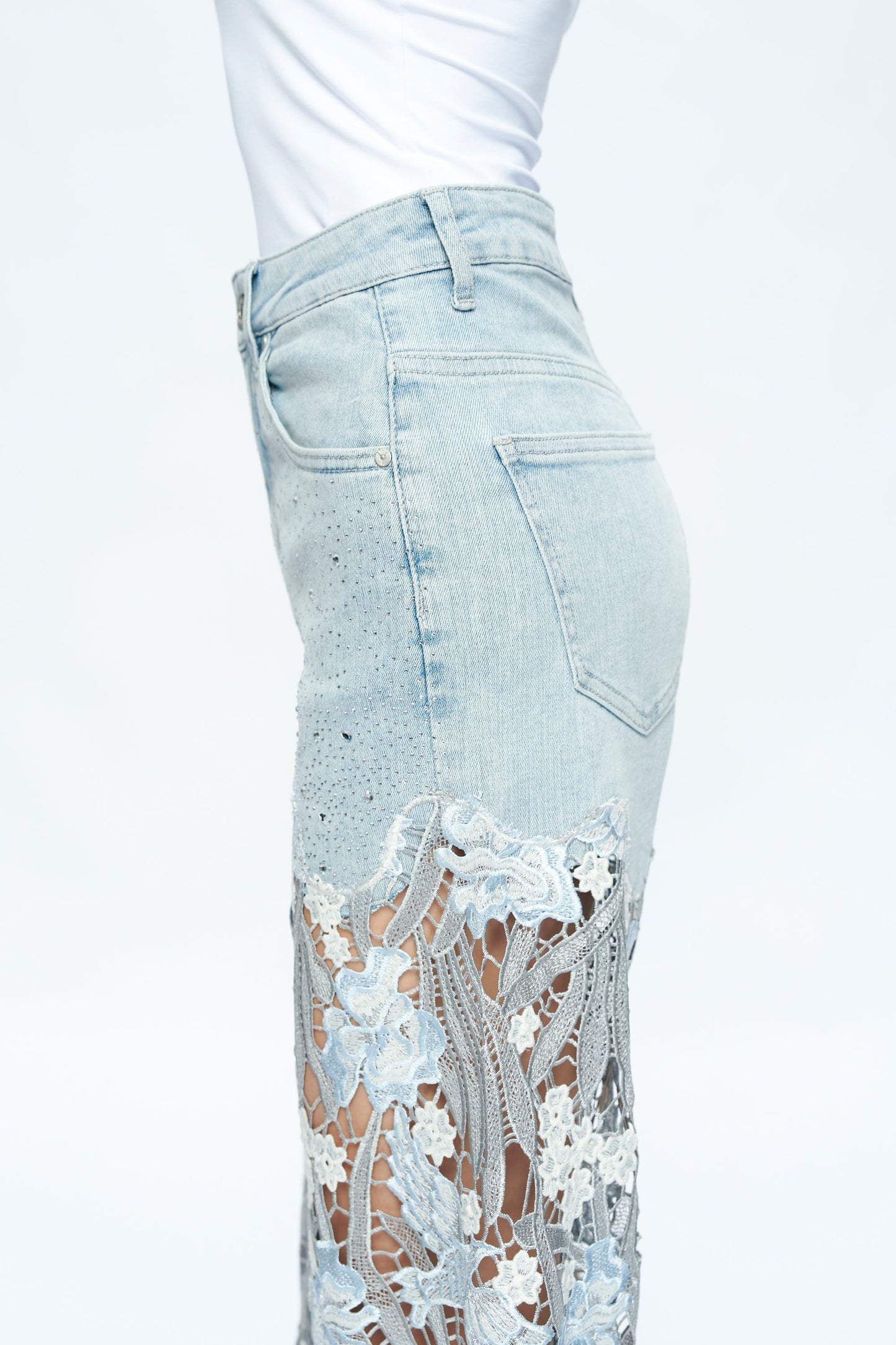 High Rise Wide Leg Lace Denim Jeans With Rhinestones