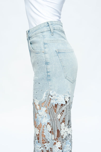 High Rise Wide Leg Lace Denim Jeans With Rhinestones