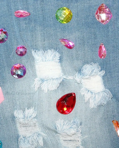 Premium Rhinestone Embellished Raw Hem Denim Shorts