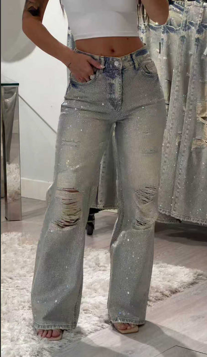 High Waisted Diamanté Ripped Hollow Jeans