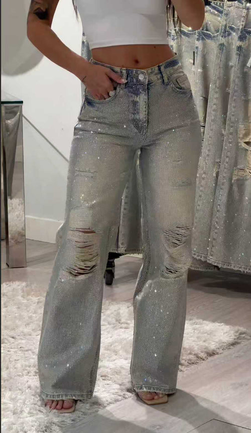 High Waisted Diamanté Ripped Hollow Jeans