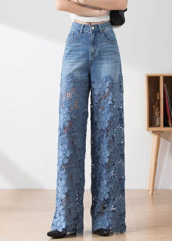 Women Wide Leg Sheer Mesh Star Print Splice Denim