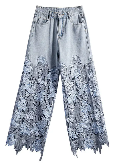 Women Wide Leg Sheer Mesh Star Print Splice Denim