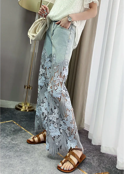 Women Wide Leg Sheer Mesh Star Print Splice Denim