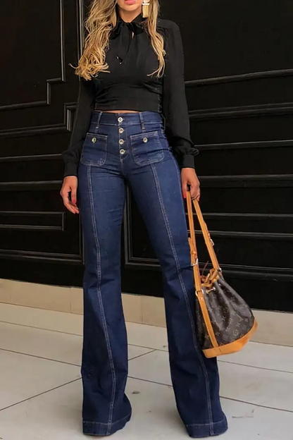 Wash Button Fly Seam Front High Rise Flare Jeans