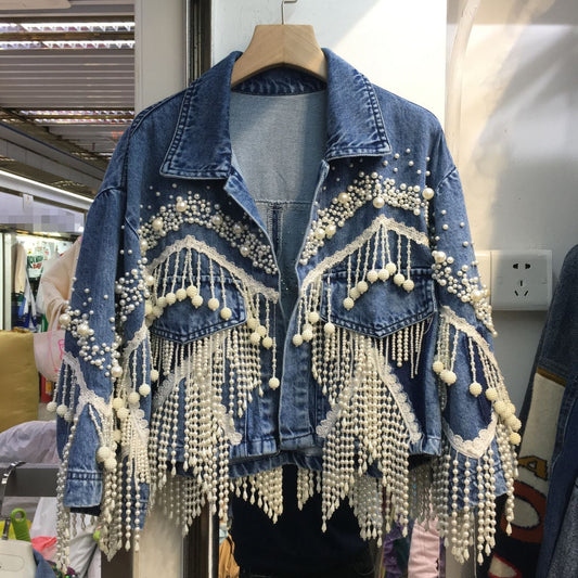 Women's Pearl Fringe Jean Jacket Laple Short Denim Coat