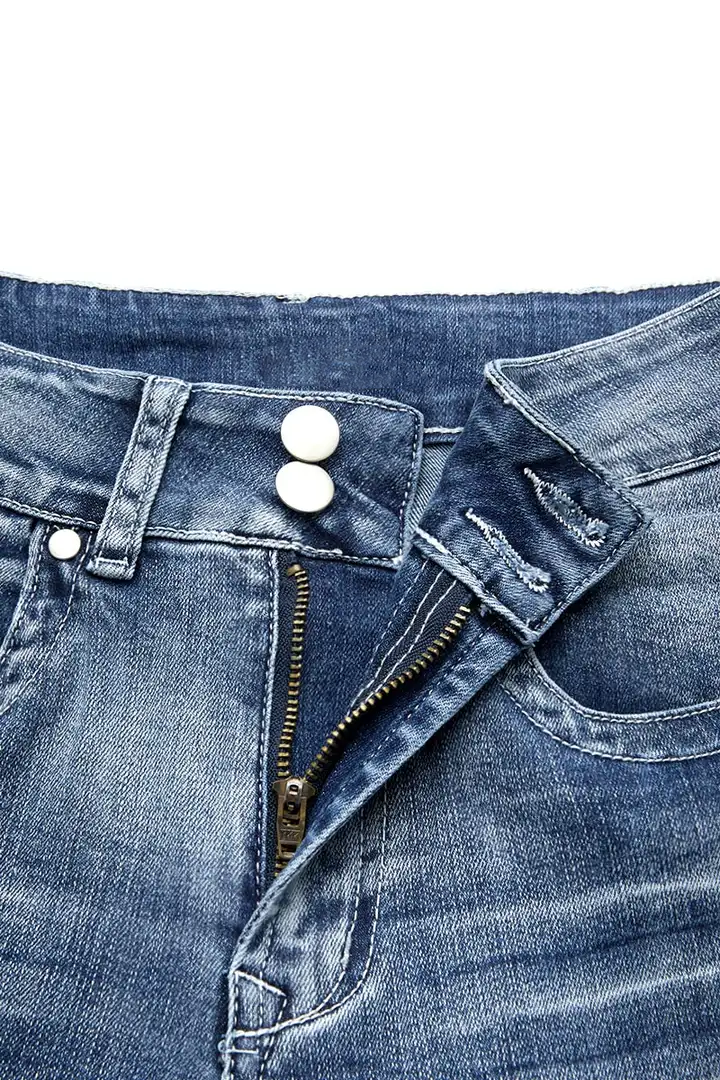 Stitch Detail Dual Button Mid Waist Straight Leg Jeans