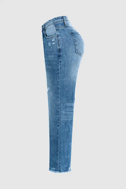 Ripped Raw Hem Mid Rise Straight Leg Cropped Jeans