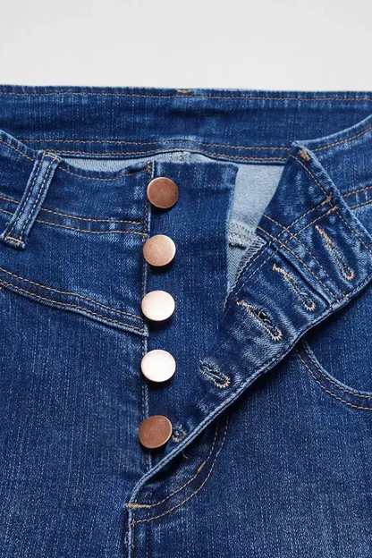 Button Fly Raw Hem Stitch Detail High Waist Bootcut Jeans