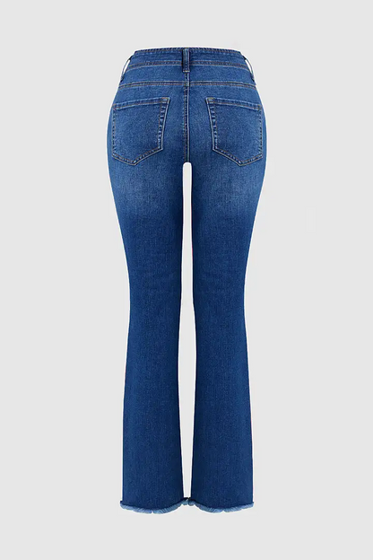 Button Fly Raw Hem Stitch Detail High Waist Bootcut Jeans