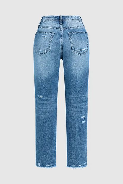 Ripped Raw Hem Mid Rise Straight Leg Cropped Jeans