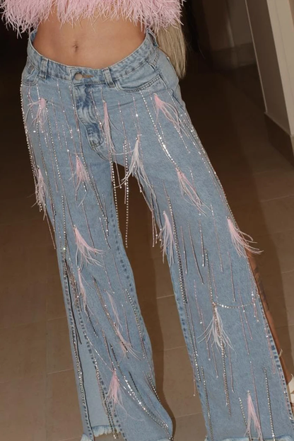 Fitting Mid-Rise Denim Jeans with Fringe