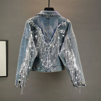 Jacket Woman Fringed Sequined Denim Jacket
