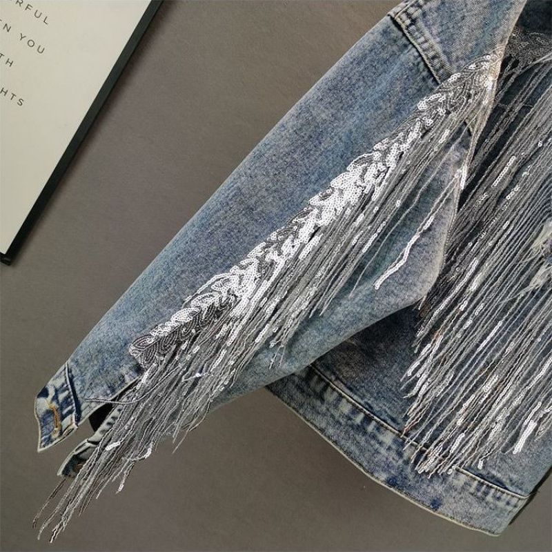 Jacket Woman Fringed Sequined Denim Jacket