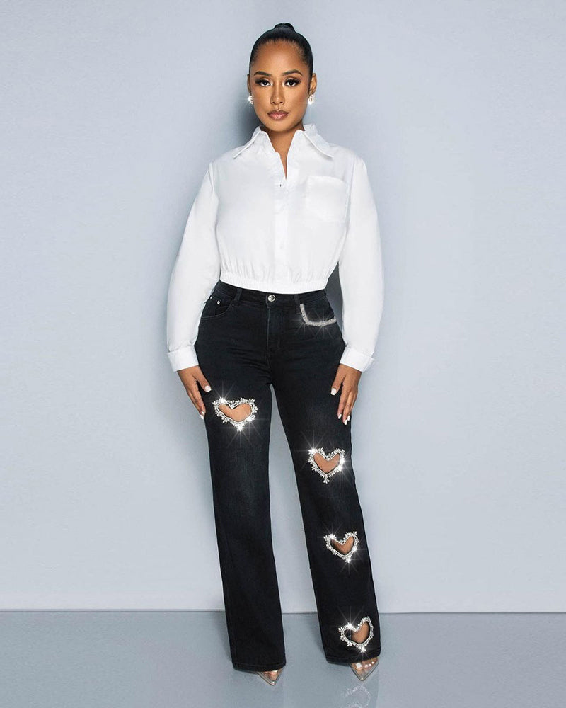 Women Straight Heart Diamond Hollow Out Pockets Vintage Denim