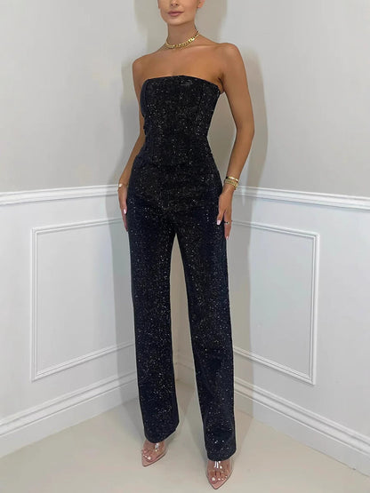 Light Blue Diamanté Wide Leg Denim Jumpsuit with Strapless Design