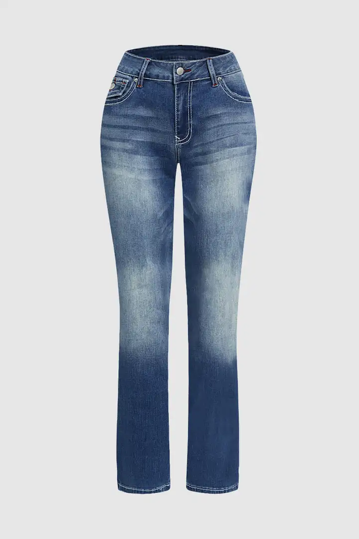 Washed Flap Pocket Low Rise Straight Leg Jeans