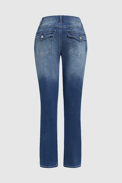 Washed Flap Pocket Low Rise Straight Leg Jeans