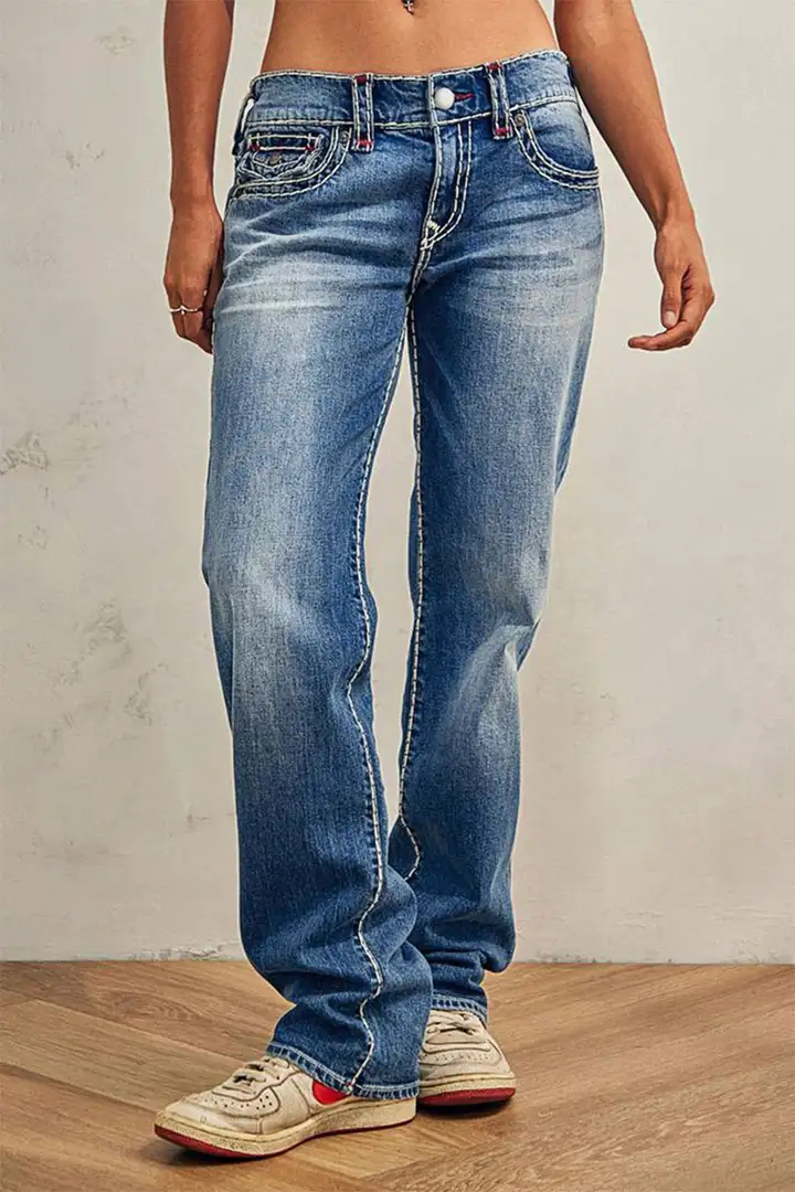 Washed Flap Pocket Low Rise Straight Leg Jeans
