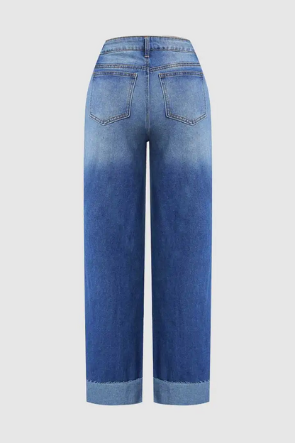 Cut Out Roll Hem Raw Hem Asymmetrical High Waist Straight Leg Jeans