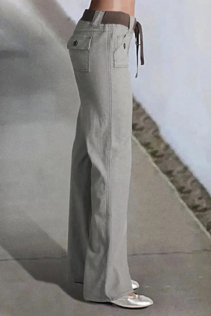 Button Detail Drawstring Low Rise Flare Pants